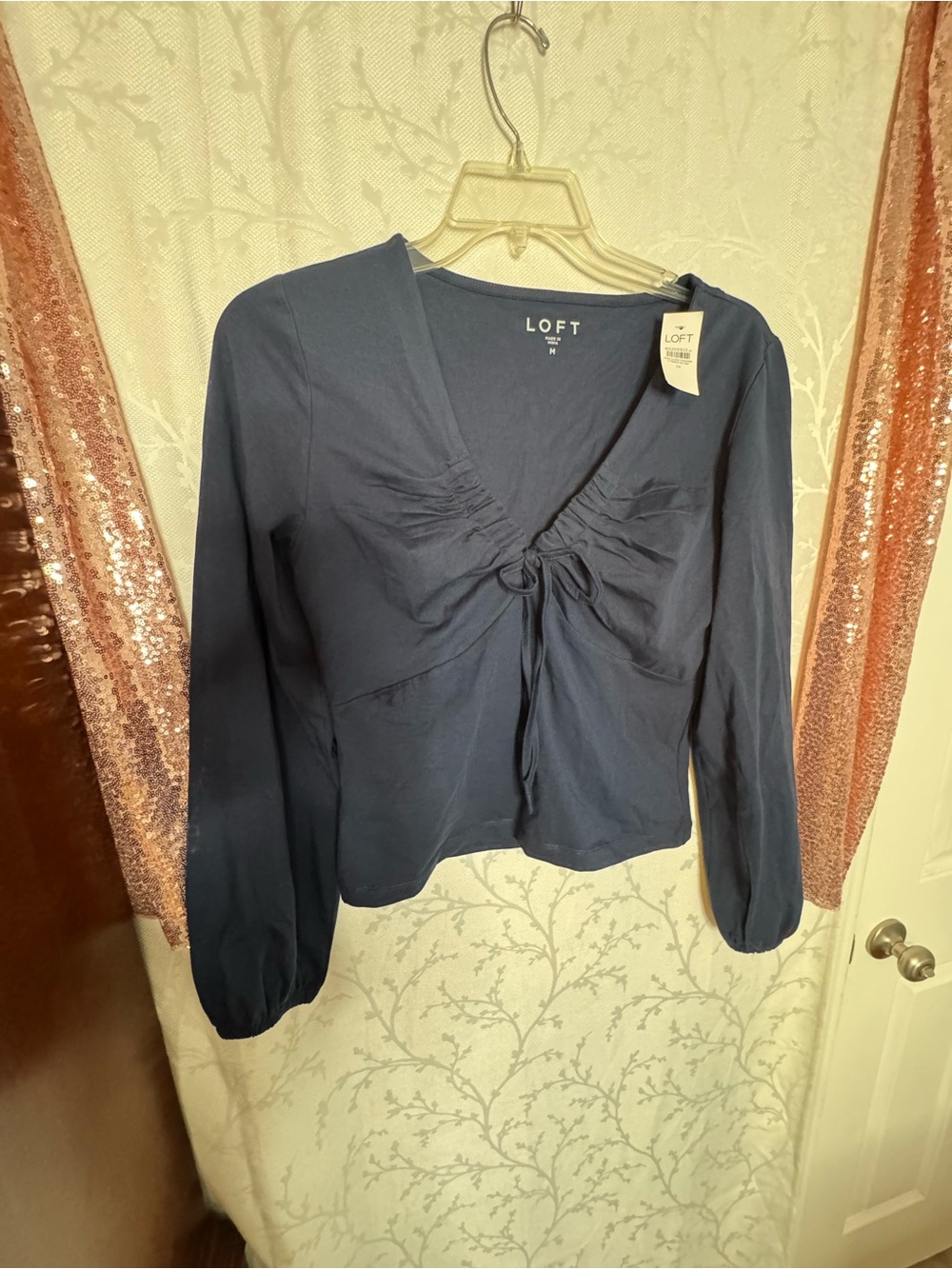 LOFT Navy Tie-Front V-Neck Long-Sleeve Top